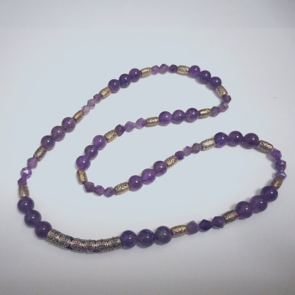 Celtic Symbol Silver and Purple Semi-Precious Amethyst Bead Necklace 22" Long